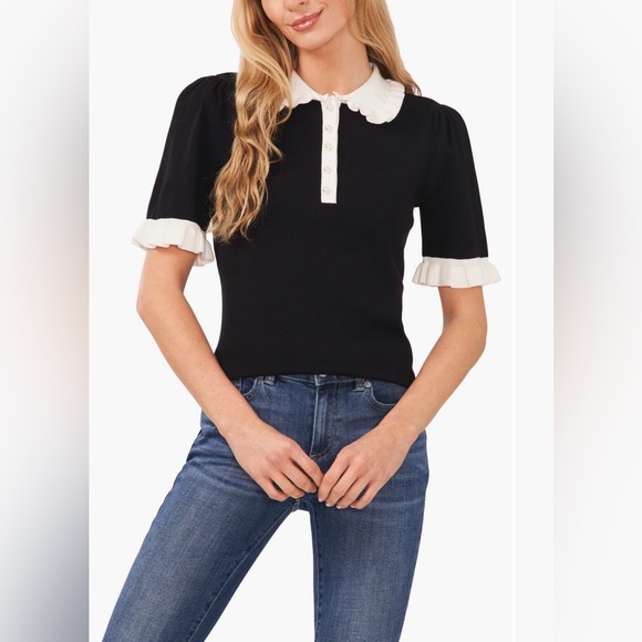 CeCe Tops - CeCe Black Top with White Ruffle Details